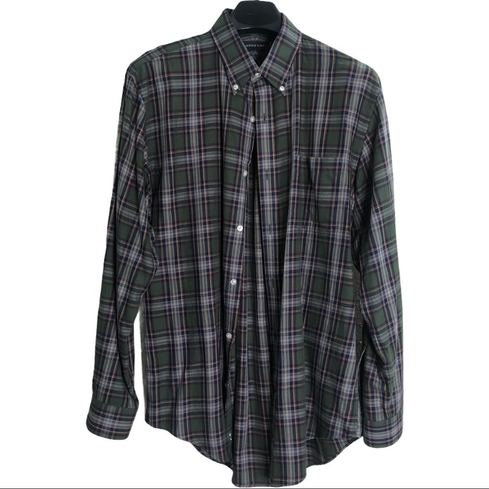 Lands' End Green Gray & Blue Plaid Shirt Tailored Fit 100% Cotton Size 16-34 Men